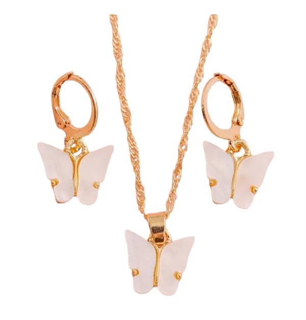 Guld Smyckesset - Halsband & Örhängen - Fjäril & Vit Pärlemor