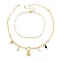 2 st Guld Choker / Halsband med Vita Pärlor, Hjärta & Stjärna