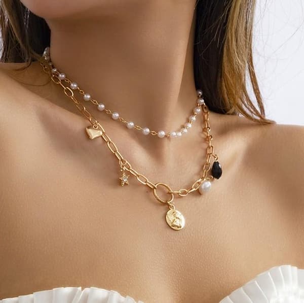 2 st Guld Choker / Halsband med Vita Pärlor, Hjärta & Stjärna