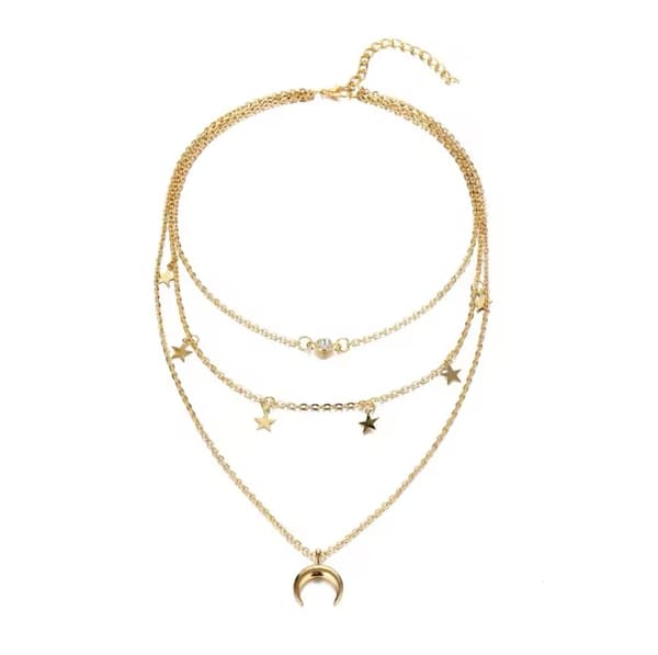 Guld Choker/Halsband - 3 Kedjor, Rhinestone, Stjärna & Halvmåne
