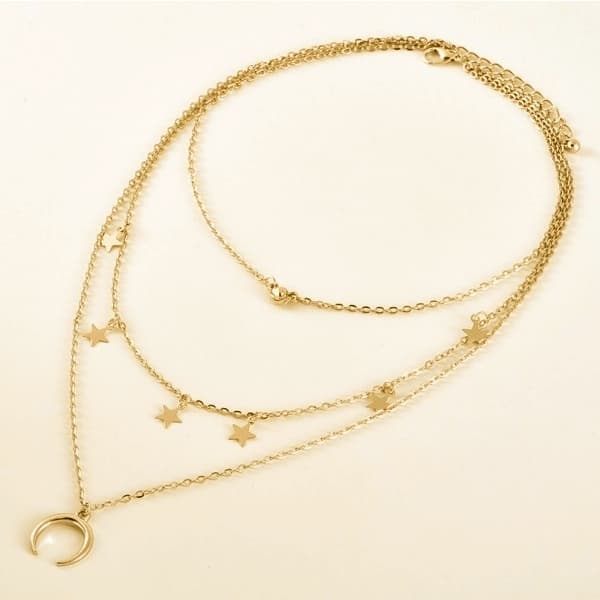 Guld Choker/Halsband - 3 Kedjor, Rhinestone, Stjärna & Halvmåne