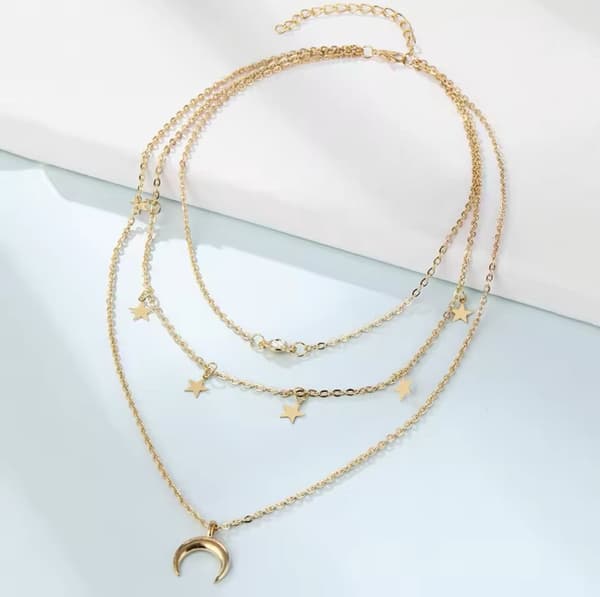 Guld Choker/Halsband - 3 Kedjor, Rhinestone, Stjärna & Halvmåne