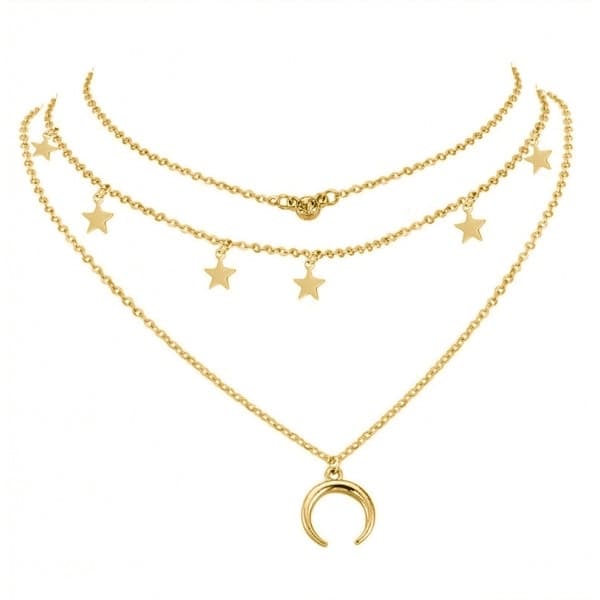 Guld Choker/Halsband - 3 Kedjor, Rhinestone, Stjärna & Halvmåne