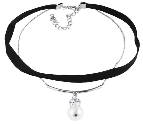 Dubbelt Retro Svart & Silver Choker/Halsband -Rhinestone & Pärla