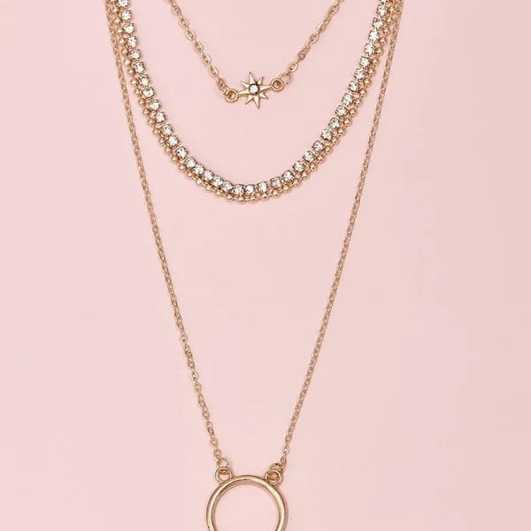 Guld Halsband / Choker med 4 olika Kedjor, Rhinestones & Kulor