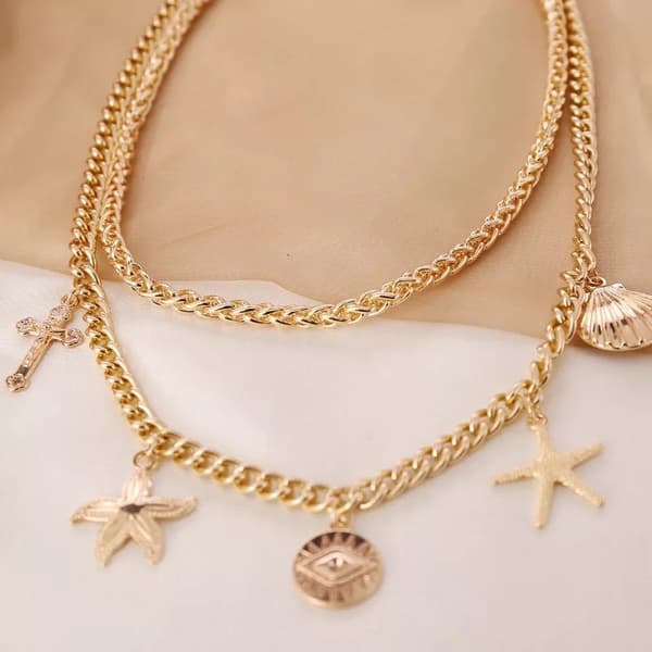 Guld Halsband / Choker med 2 st Kedjor & 5 olika Berlocker