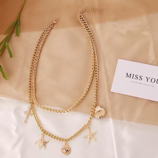 Guld Halsband / Choker med 2 st Kedjor & 5 olika Berlocker