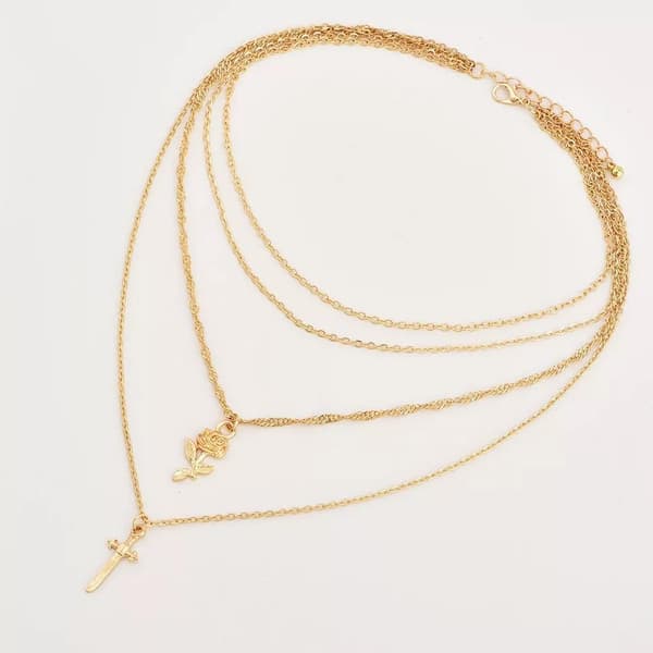 Guld Halsband / Choker med 4 olika Kedjor, Ros & Kors