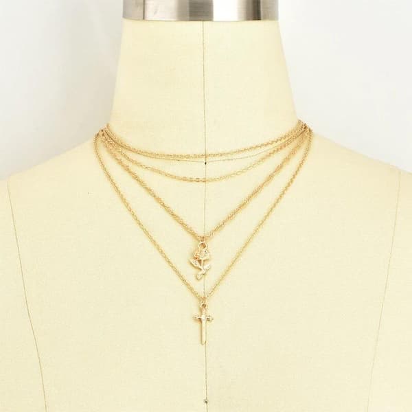 Guld Halsband / Choker med 4 olika Kedjor, Ros & Kors