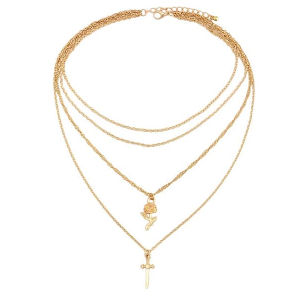 Guld Halsband / Choker med 4 olika Kedjor, Ros & Kors