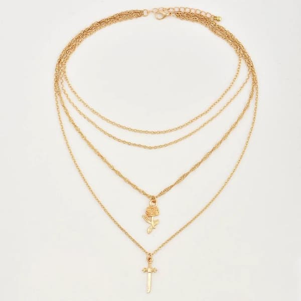 Guld Halsband / Choker med 4 olika Kedjor, Ros & Kors