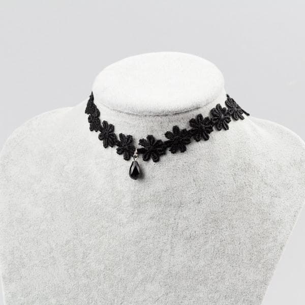 Retro Gothic Svart Choker / Halsband - en rad Blommor & Droppe
