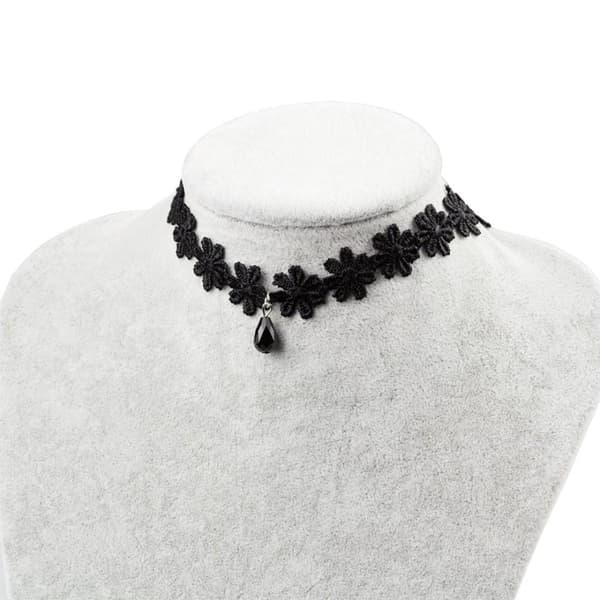 Vintage Gothic Svart Choker / Halsband - en rad Blommor & Droppe