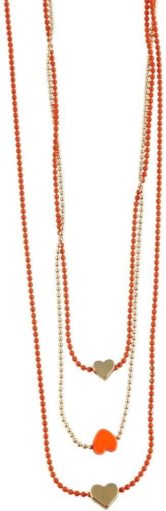 Halsband i Guld & Orange med 3 Kedjor Dekorerade med Hjärtan