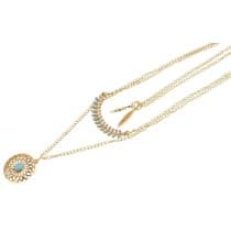 Guld Halsband med 3 Kedjor: Fjädrar, Rhinestones & Turkos Pärlor