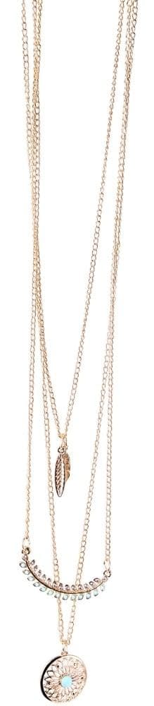 Guld Halsband med 3 Kedjor: Fjädrar, Rhinestones & Turkos Pärlor
