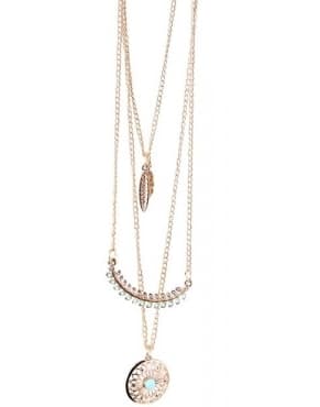Guld Halsband med 3 Kedjor: Fjädrar, Rhinestones & Turkos Pärlor