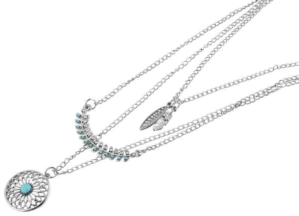 Silver Halsband med 3 Kedjor Fjädrar, Rhinestones & Turkos Pärla