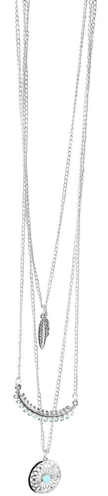 Silver Halsband med 3 Kedjor Fjädrar, Rhinestones & Turkos Pärla