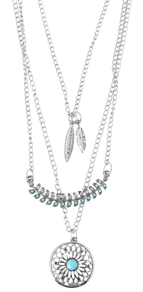 Silver Halsband med 3 Kedjor Fjädrar, Rhinestones & Turkos Pärla