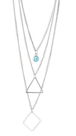 Silver Halsband/Choker med 3 Kedjor: Evil Eye, Trekant & Fyrkant