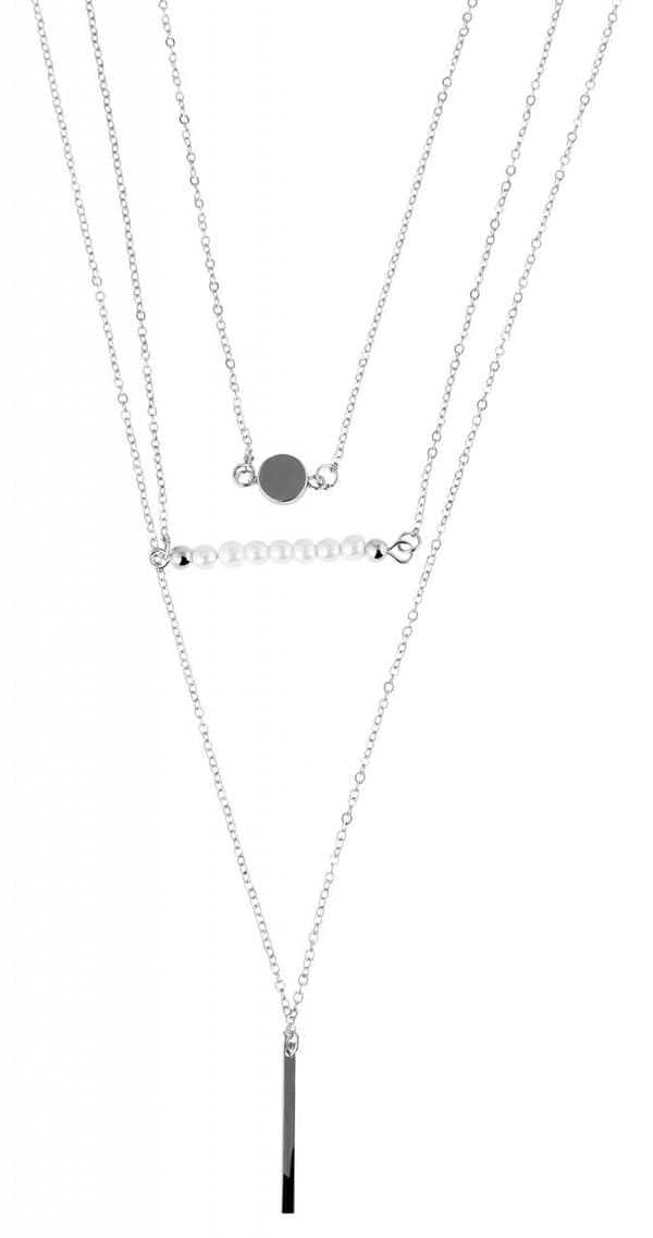 Silver Halsband/Choker med 3 Kedjor: Vita Pärlor, Platta & Stav