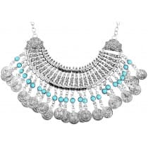 Boho Statement Coin Multilayer Silver Halsband med Turkos Pärlor