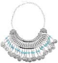 Miniatyrbild 1 av 3: Boho Statement Coin Multilayer Silver Halsband med Turkos Pärlor