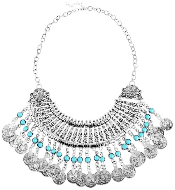Boho Statement Coin Multilayer Silver Halsband med Turkos Pärlor