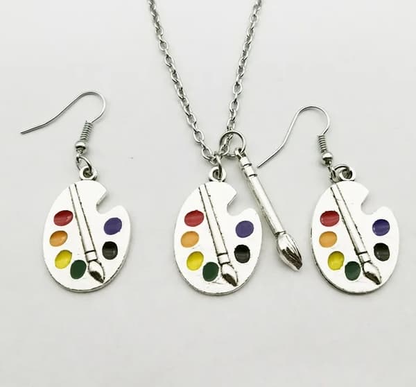 Necklace - Earrings -Set - Palette - Paintbrush - Asymmetrical