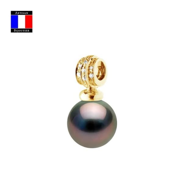 Compagnie Générale des Perles - Diamanthänge 0,50 Cts äkta rund Tahitisk pärla 11-12 mm 18 Cts Gult guld - Damsmycken