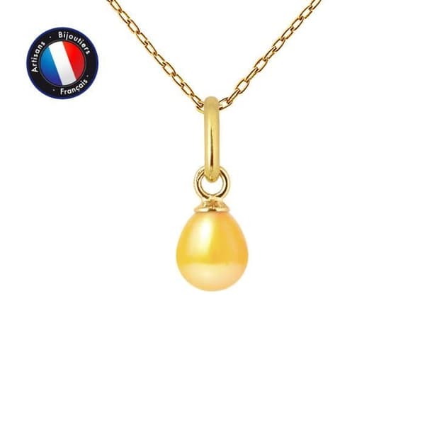 Hänge - PERLINEA - Äkta odlad pärla 5-6 mm - Gult guld - Silverkedja 42 cm
