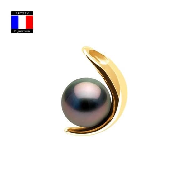 Compagnie Générale des Perles - Halvmåne hänge Äkta Tahitisk pärla Rund 9-10 mm 18 Cts Gult Guld - Damsmycken