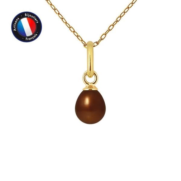 Hänge - PERLINEA - Äkta chokladodlad pärla 5-6 mm - Gult guld - Silverkedja 42 cm