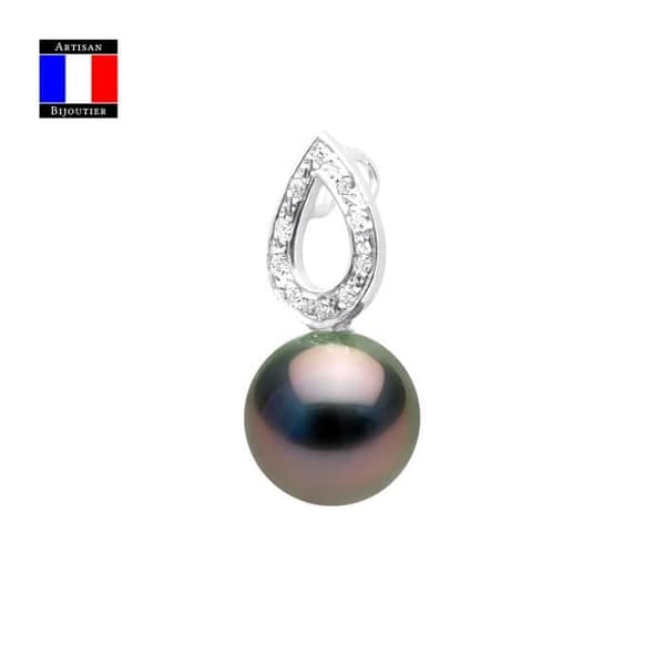 Compagnie Générale des Perles - Diamanthänge 0,10 Cts äkta rund Tahitisk pärla 10-11 mm 18 Cts Vitguld - Damsmycken