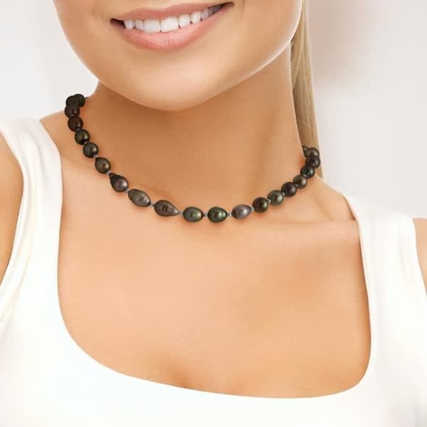 PERLINEA - A+ Tahitian Cultured Pearl Necklace - Ringad 7 -8 mm - Vitguld - Damsmycken