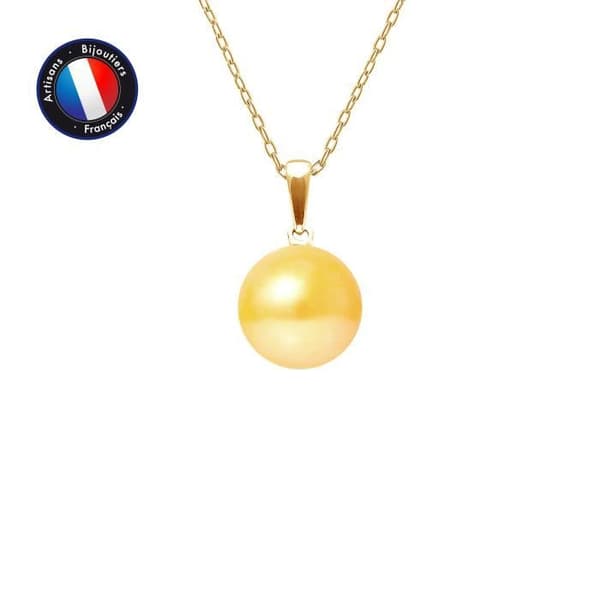 Hänge - PERLINEA - Äkta odlad pärla 9-10 mm - Gult guld - Silverkedja 42 cm - Dam