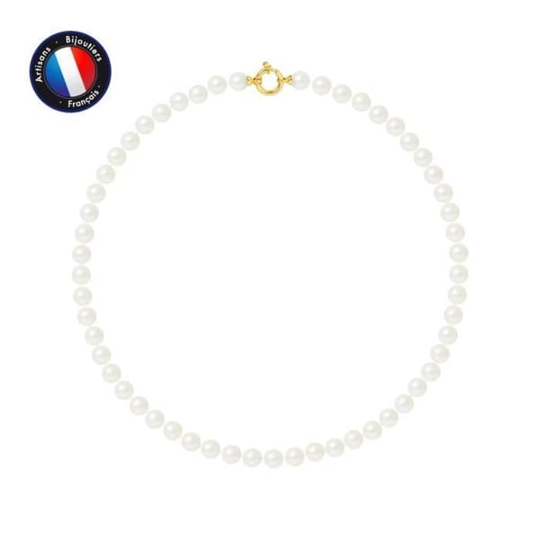PERLINEA - AAA+ Sötvattenskulturpärlhalsband - Runt 7-8 mm - Naturvitt - Gult guld - Damsmycken