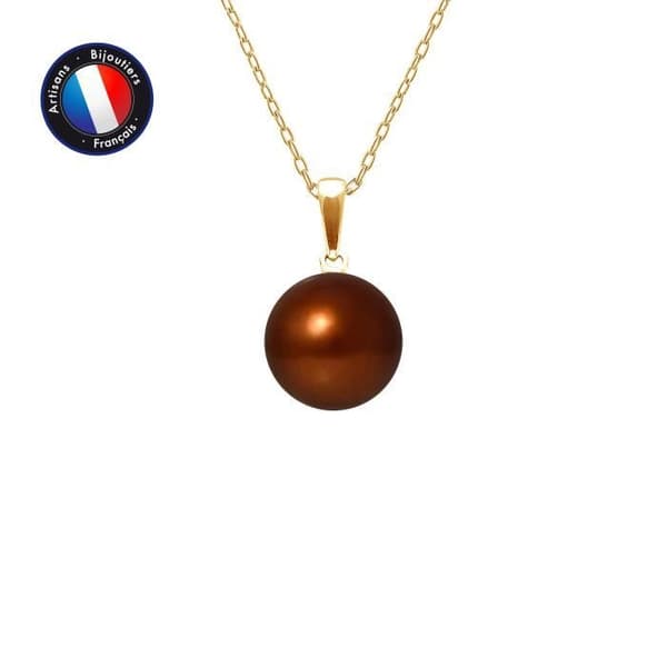 "Pendentif - PERLINEA - Äkta choklad kulturpärla 9-10 mm - Gult guld - Kedja 42 cm"
