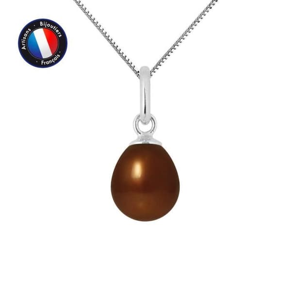 Hänge - PERLINEA - Äkta chokladodlad pärla 7-8 mm - Vitguld - Kedja 42 cm