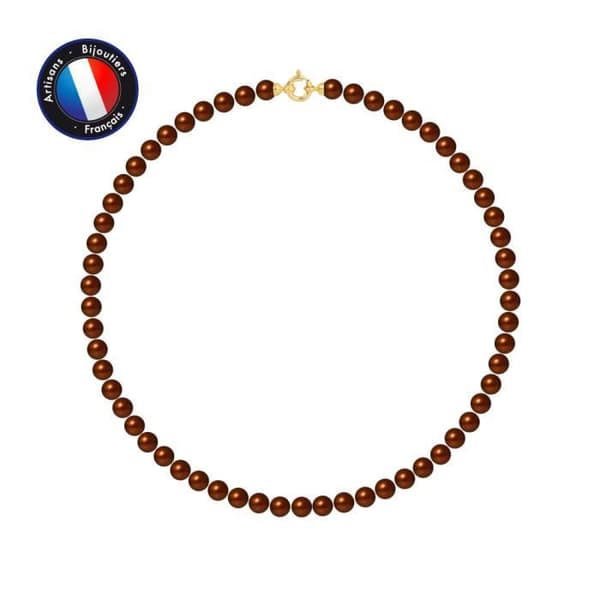 Halsband - Perlinea - Sötvattensodlad pärla - 6-7 mm - Choklad - 9 Cts gult guld