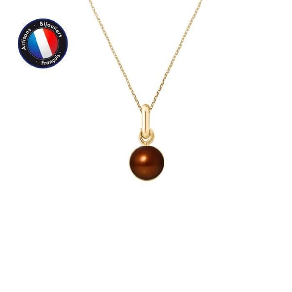 Hänge - PERLINEA - Äkta chokladodlad pärla 6-7 mm - Gult guld - Kedja 42 cm