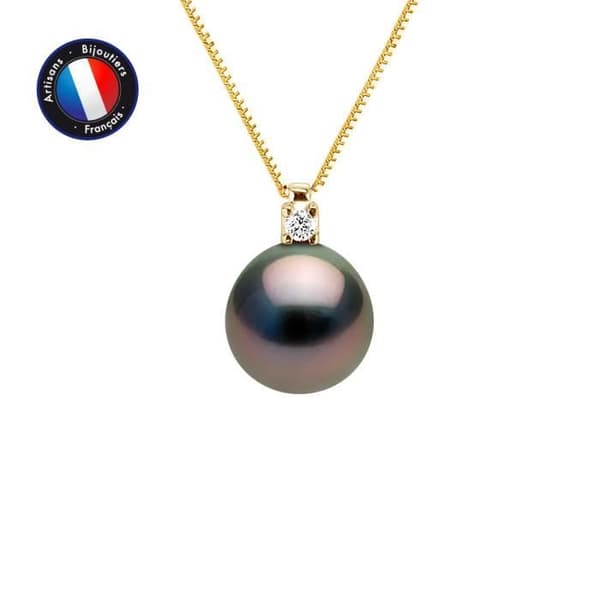 Halsband - PERLINEA - Tahitisk odlad pärla A+ - Diamant 0,020 Cts - Gult guld - 42 cm