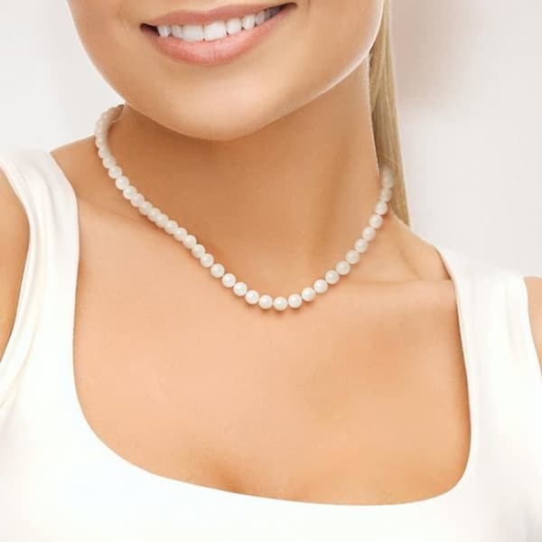 PERLINEA - AAA+ halvrund sötvattenskulturpärlhalsband 7-8 mm Vit - 925 Sterling Silver T-lås - Damsmycken