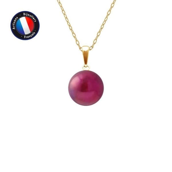 Pendentiv - PERLINEA - Äkta sötvattenspärla 9-10 mm röd - Gult guld - Kedja 42 cm