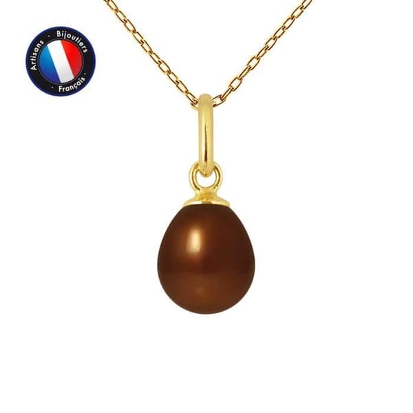 Hänge - PERLINEA - Äkta sötvattensodlad pärla 7-8 mm choklad - Gult guld - Kedja 42 cm