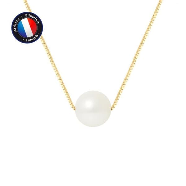 PERLINEA - AAA+ Sötvattenskulturpärlhalsband - Runt 9-10 mm - Naturvitt - Gult guld - Damsmycken