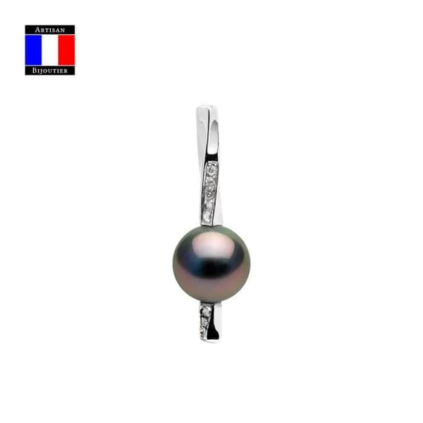 Compagnie Générale des Perles - Diamanthänge 0,08 Cts äkta rund Tahitisk pärla 9-10 mm 18 Cts Vitguld - Damsmycken