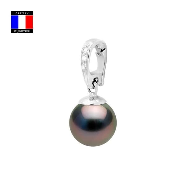 Compagnie Générale des Perles - Diamanthänge 0,03 Cts äkta rund Tahitisk pärla 9-10 mm 18 Cts Vitguld - Damsmycken