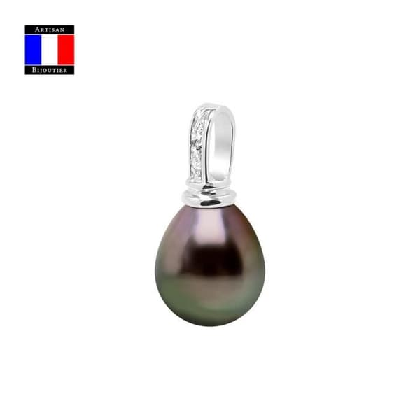 Compagnie Générale des Perles - Diamanthänge 0,03 Cts Äkta Tahitisk pärla 9-10 mm 18 Cts Vitguld - Damsmycken